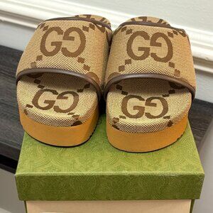 Gucci Monogram Jumbo GG Canvas/Nappa Slide Sandals